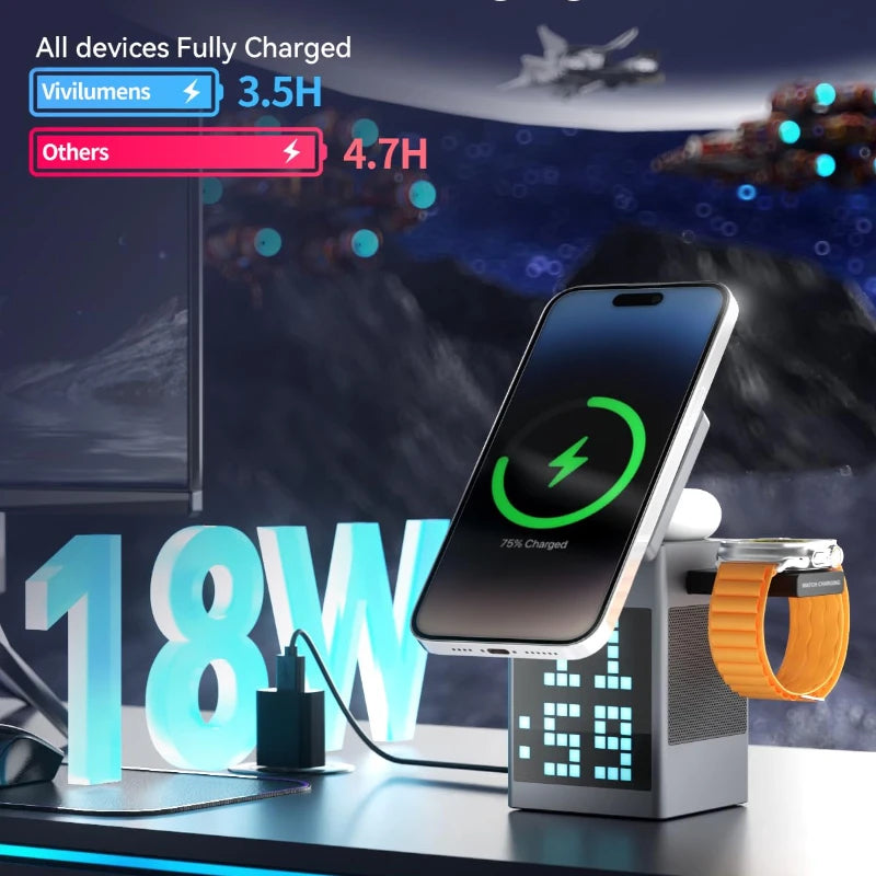 Estación Magnética 6 en 1 con Cargador, Bocina y Luz | Todo en un Solo Espacio